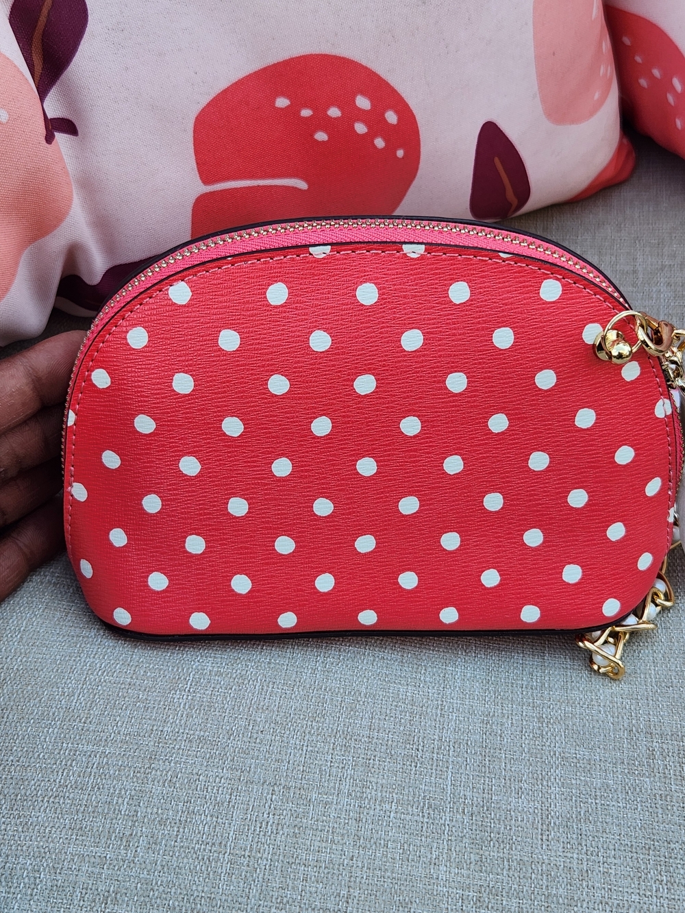 Kate Spade Coral & White Polka Dot Cosmetic Bag Upcycled Crossbody w. Chain NWT - Picture 8 of 16